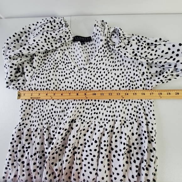 Eloquii Polka Dot Ruffle Hem Dress Size 14 Smocked Bodice Flowy V-Neck Feminine - Picture 8 of 15